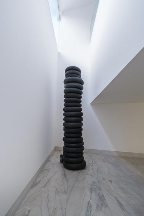 Buoyancy devices (D'aprés Austerlitz), 2015, Handle truck and inner tubes, 300 x 80 x 100 cm  (View of the work at "Ignoto" exhibition, CAS - Arts Center of Sines)