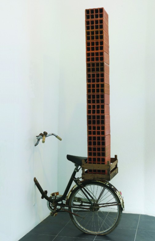 Pillar, 2011, Bicycle, bricks and wooden box, 228 x 50 x 102 cm