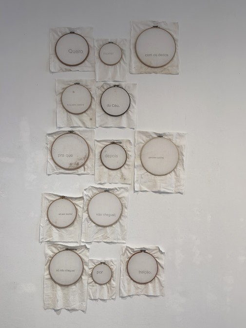 "Curtain", 2020, Hoops and graphite on fabric, 200 x 100 cm (from the poem of the same name by Sebastião da Gama)