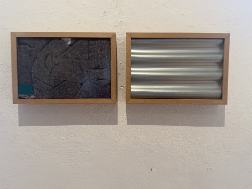 "Diptych", 2021, Fabric, sheet metal and wooden boxes, 30 x 92 x 8 cm