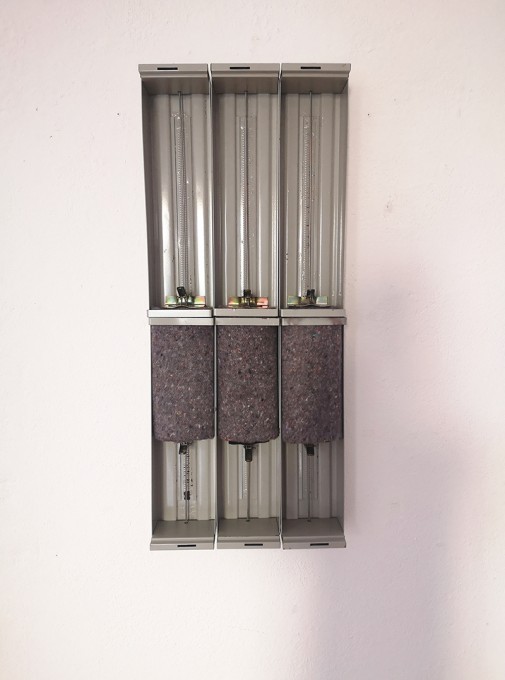 "Dungeon # 3", 2021, Metal drawers, pillow and fabric, 102 x 42 x 12 cm