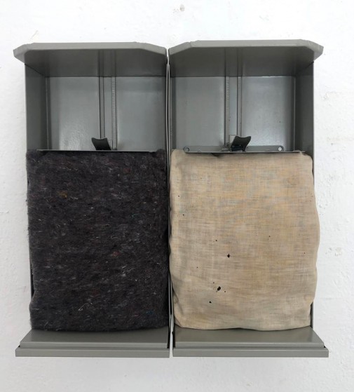 "Dungeon # 1", 2021, Metal drawers, pillow and fabric, 50 x 48 x 19 cm