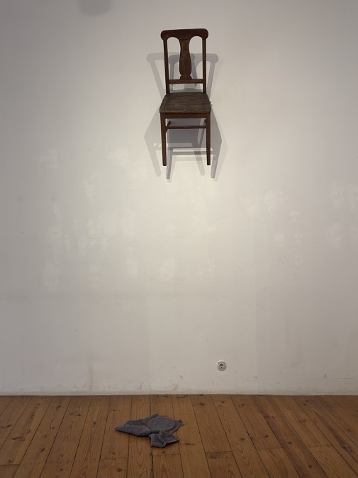 "Nocturne", 2022, Chair, metal ties, fabric and hoop, Variable dimensions