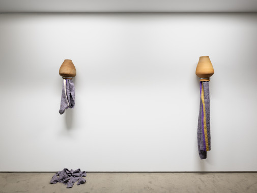"Ollae", 2022, Clay pots, metal clamps and fabric, Variable dimentions (view of the artwork at Carmona e Costa Foundation, Lisbon) Photo: Ant&oacute;nio Jorge Silva